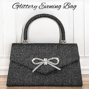 Black Glitter Covered Rhinestone Bow Evening Bag w/Handle & Chain Strap NWT